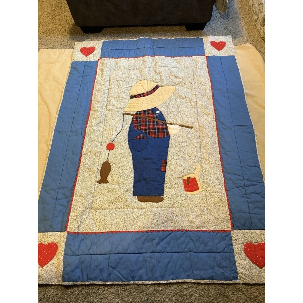 Vintage Handmade Cottage Core Fisherman Baby Toddler Nursery Quilt